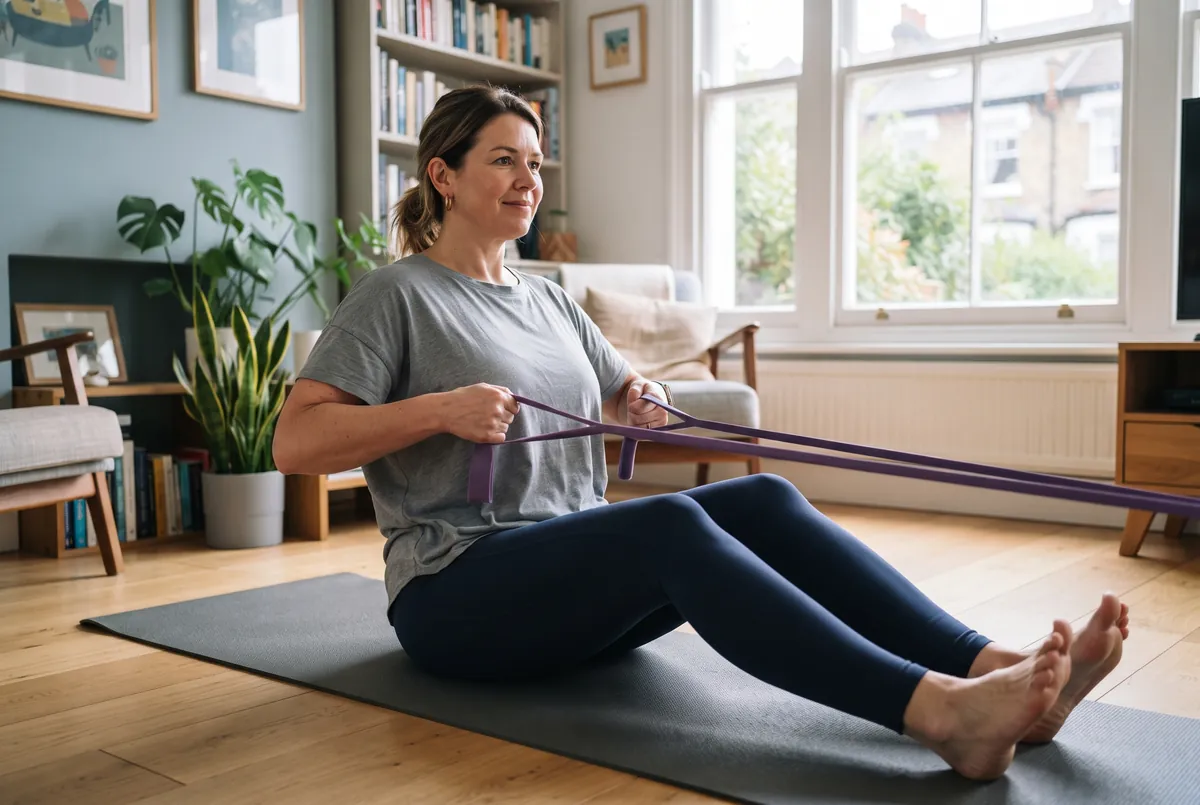 Woman doing a resistance band exercise at home to build muscle after bariatric surgery