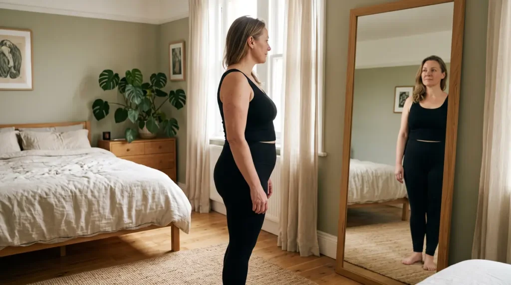 Woman in a black vest and leggings checking her body shape side-on in a full-length mirror