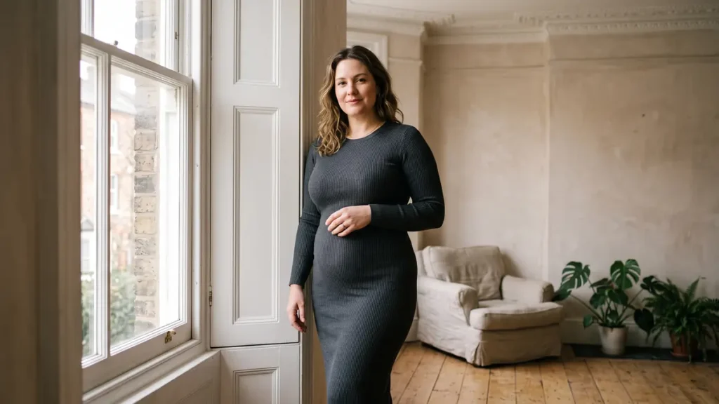 Woman in a fitted knit dress standing side-on by a sash window, showing the natural shape of her tummy