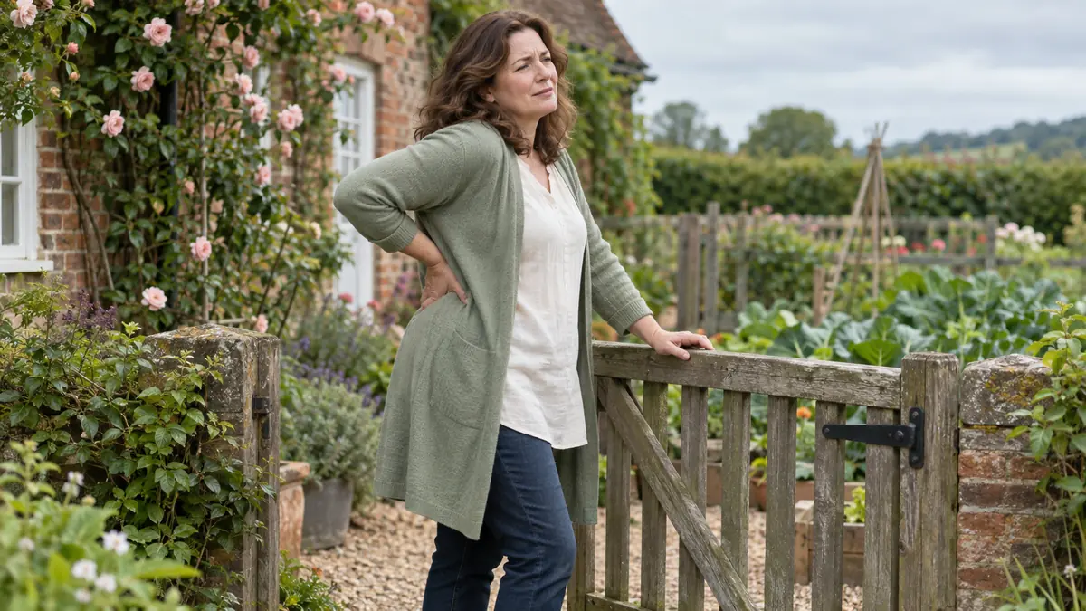 Woman in a long cardigan pausing at a garden gate with a hand pressed to her lower back
