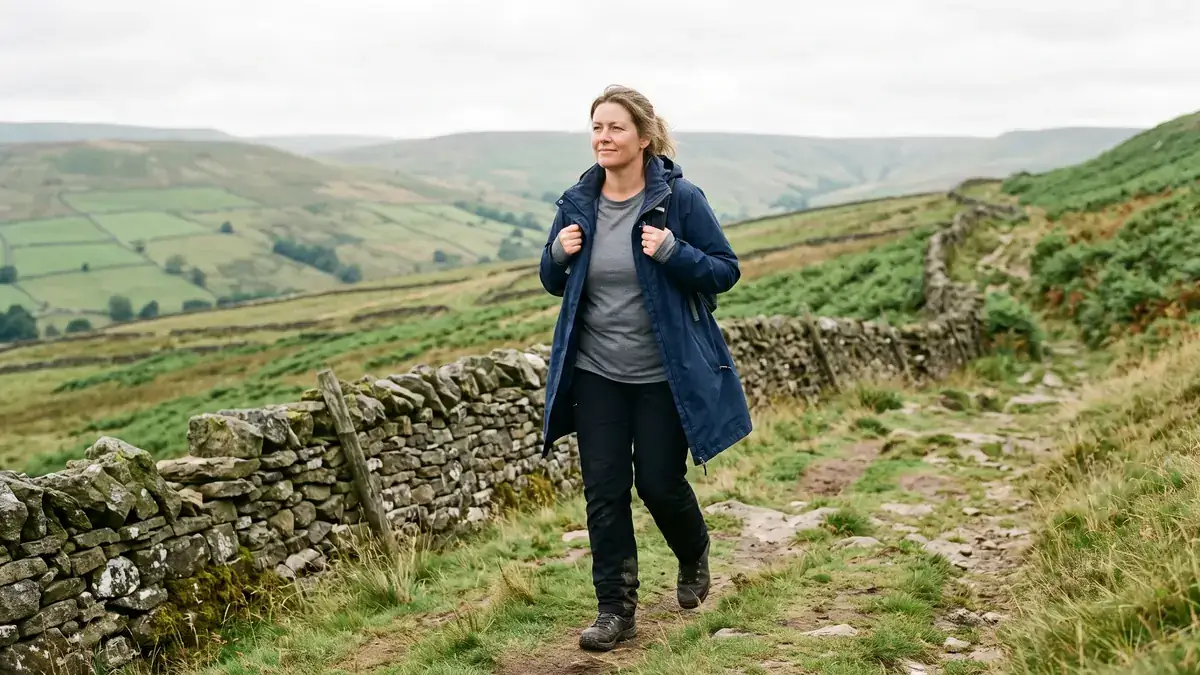 Woman in a long waterproof jacket walking up a grassy footpath beside a dry stone wall in the Peak District
