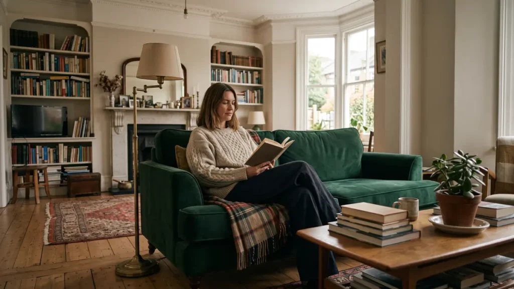 Woman in a loose knit jumper reading on a velvet sofa in a cosy terraced house living room