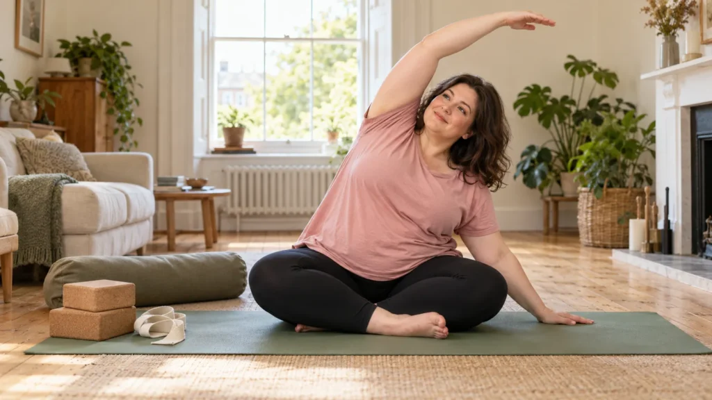 Woman in comfortable activewear doing a gentle seated yoga stretch on a mat in a bright UK living room
