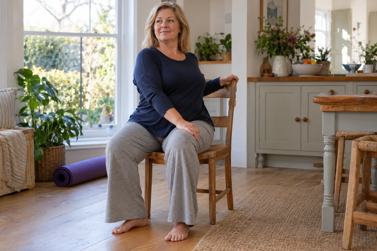 Woman in her 50s doing a gentle seated twist on a sturdy wooden chair at home
