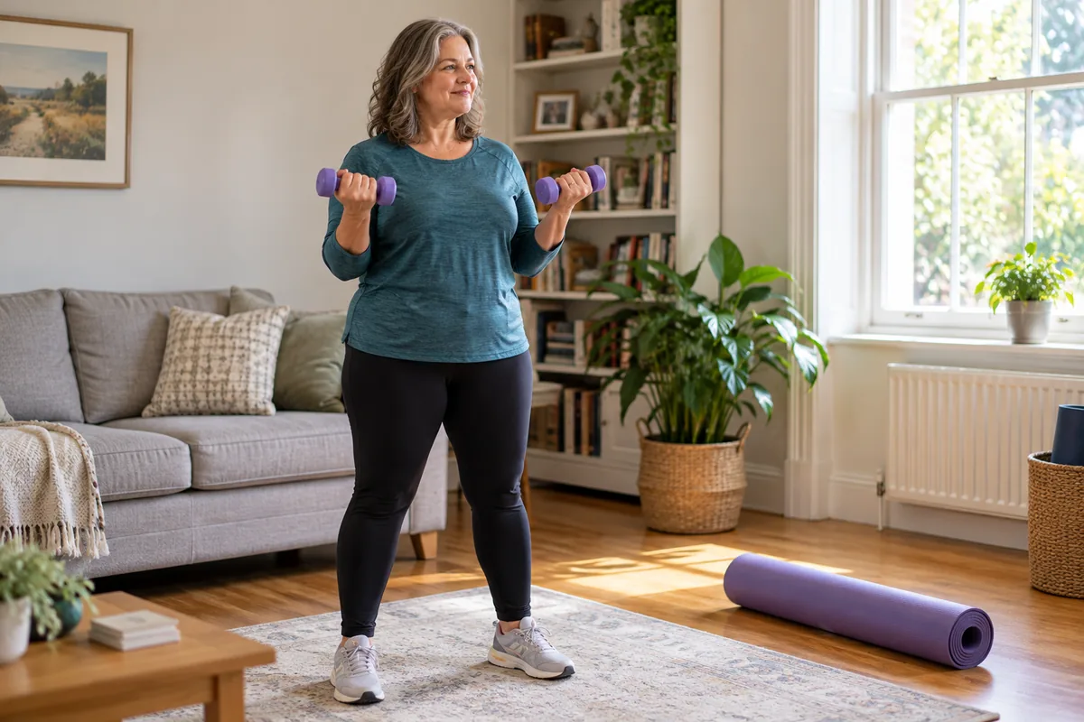 Woman in her 50s doing a strength exercise with light dumbbells in a bright UK living room