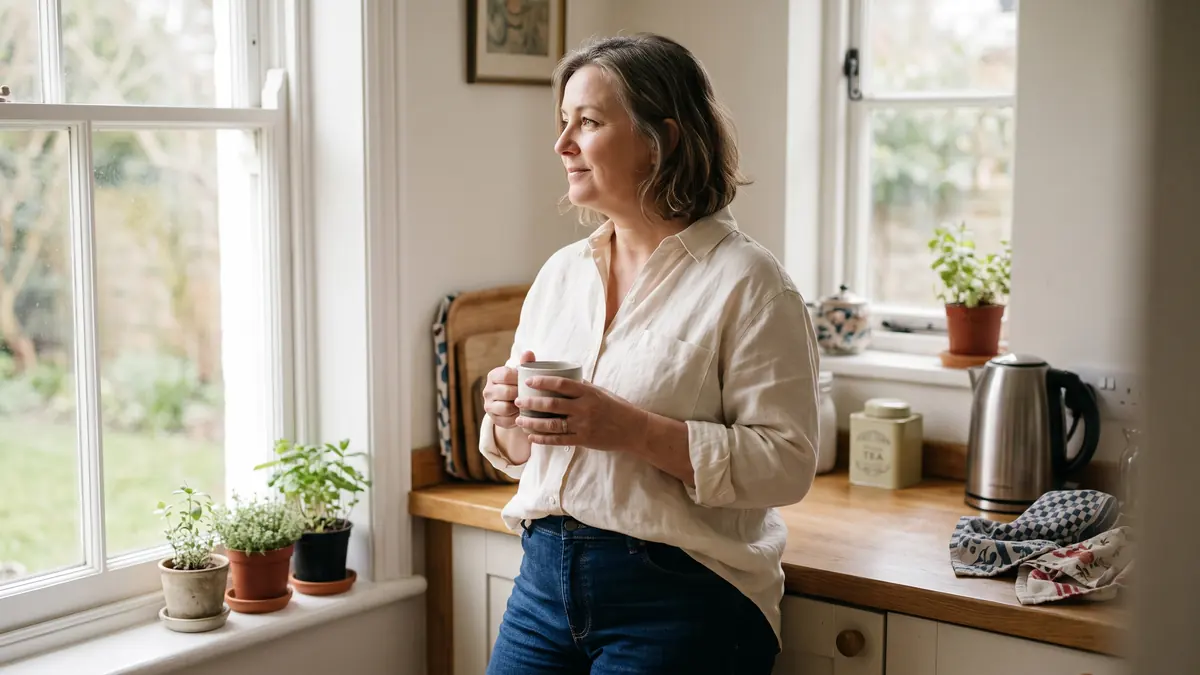 Woman in her fifties in a linen shirt holding a mug of tea in a bright kitchen