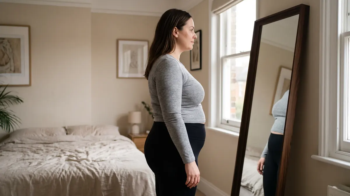 Woman in leggings and a fitted top standing side-on to a full-length mirror to check her tummy shape