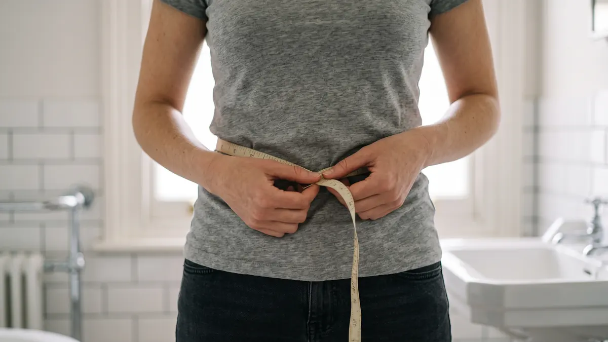 Woman measuring her waist over a fitted grey T-shirt with a soft tape measure