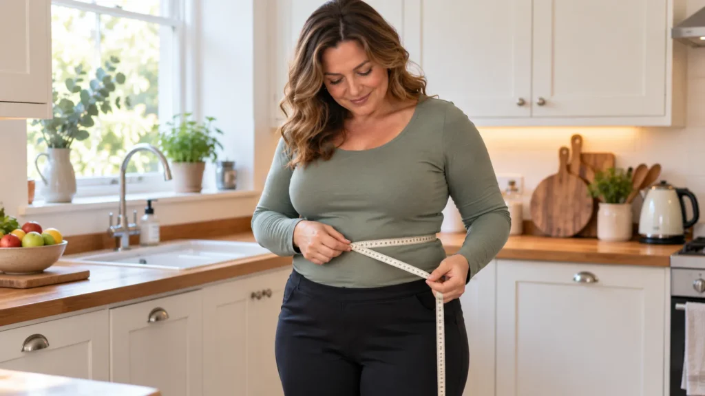 Woman at home in a UK kitchen measuring her waist with a tape measure over a fitted top