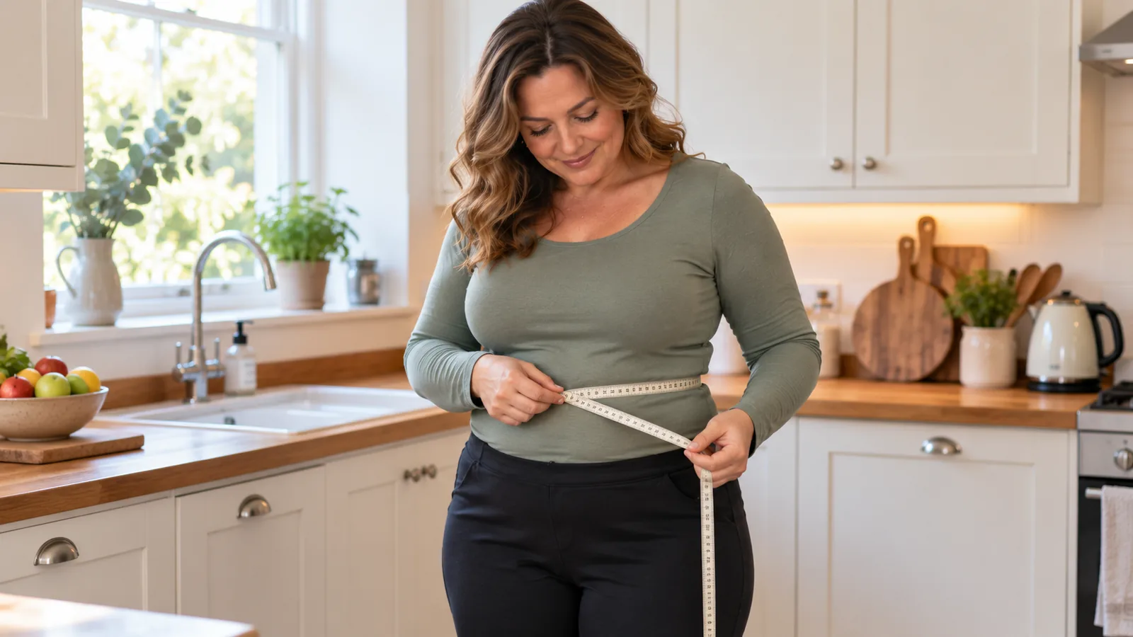 Woman at home in a UK kitchen measuring her waist with a tape measure over a fitted top