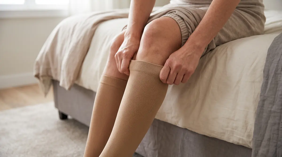 Woman pulling on skin-tone compression stockings to ease lipoedema leg pain