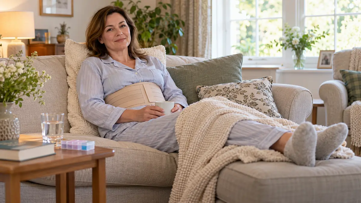 Woman resting on a sofa at home in pyjamas with an abdominal support binder worn over her top