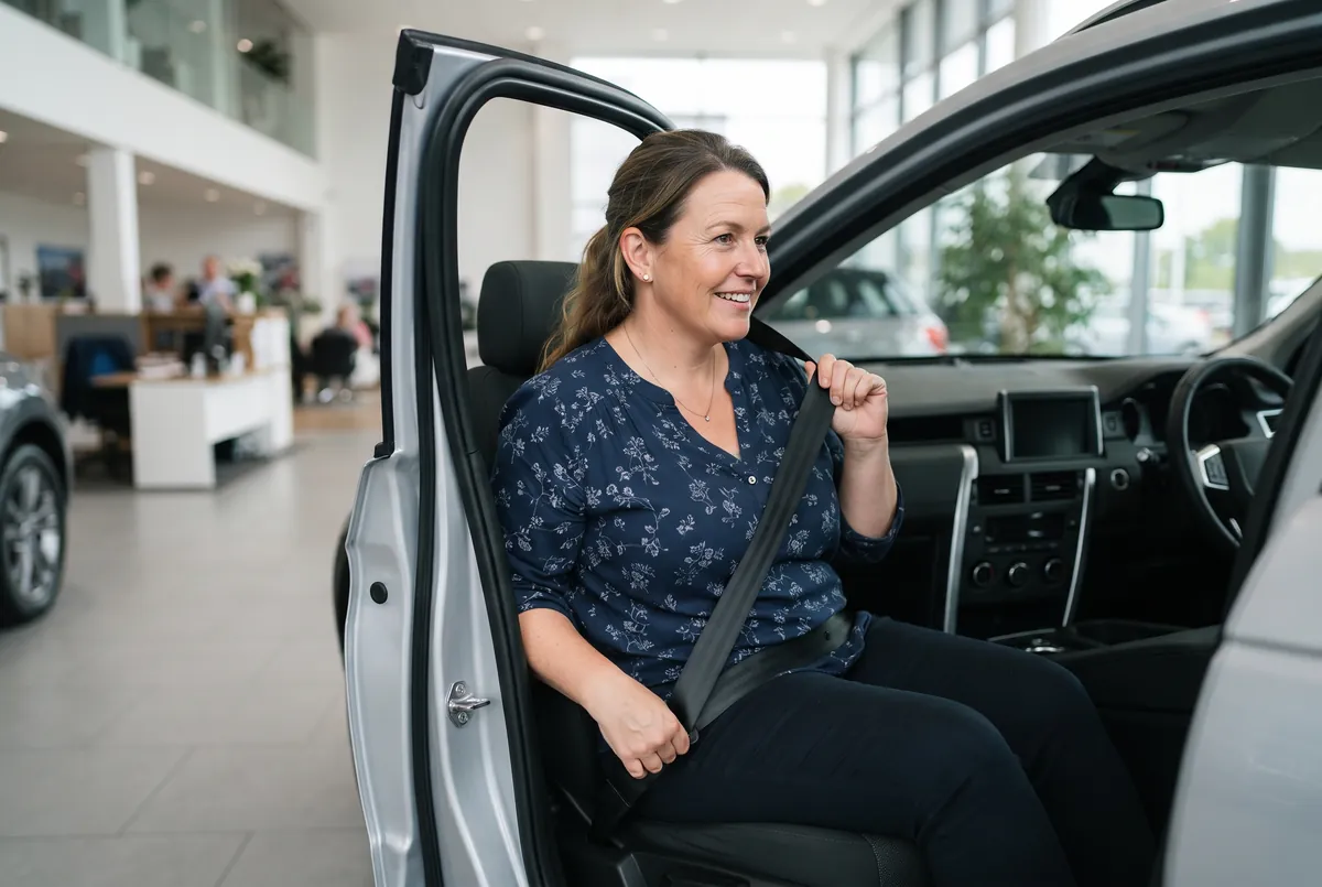 Woman sitting in a new car in a showroom checking that the seatbelt reaches the buckle comfortably