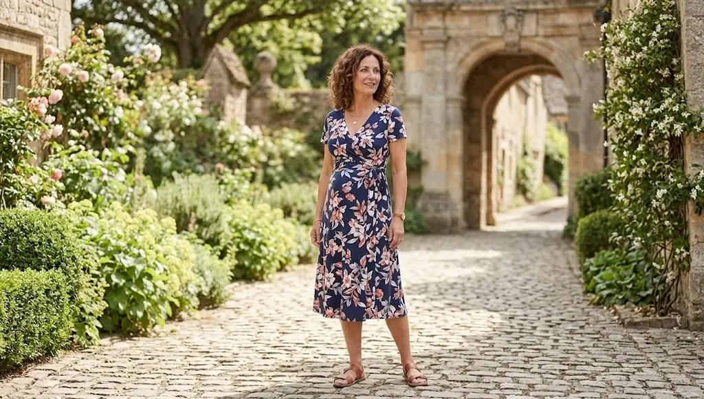 Woman wearing a navy floral wrap midi dress that skims an apron belly, standing in a cobbled garden courtyard