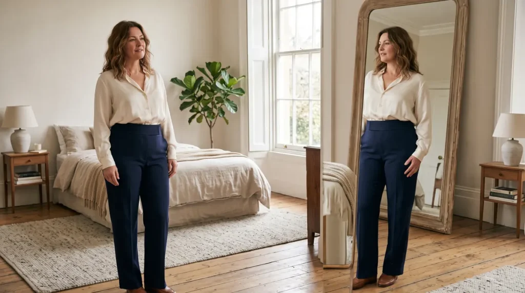 Woman wearing high-rise navy straight-leg trousers with a wide flat waistband over an apron belly