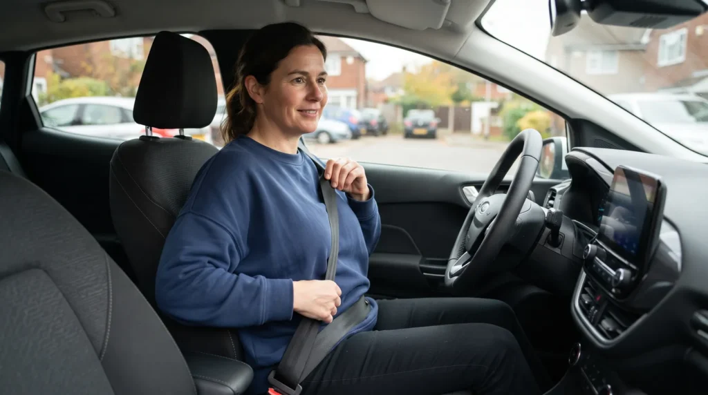 Woman with an apron belly fastening her seatbelt low across her hips in the driver's seat of a car