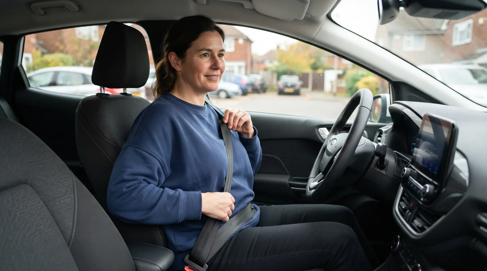 Woman with an apron belly fastening her seatbelt low across her hips in the driver's seat of a car