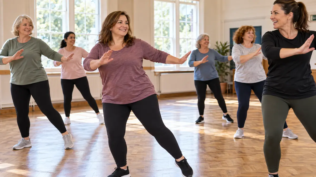 Women in loose long-sleeve tops doing a low-impact exercise in a bright community hall