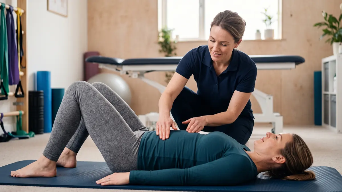 Women's health physiotherapist checking a postnatal patient's tummy muscles over her top on an exercise mat